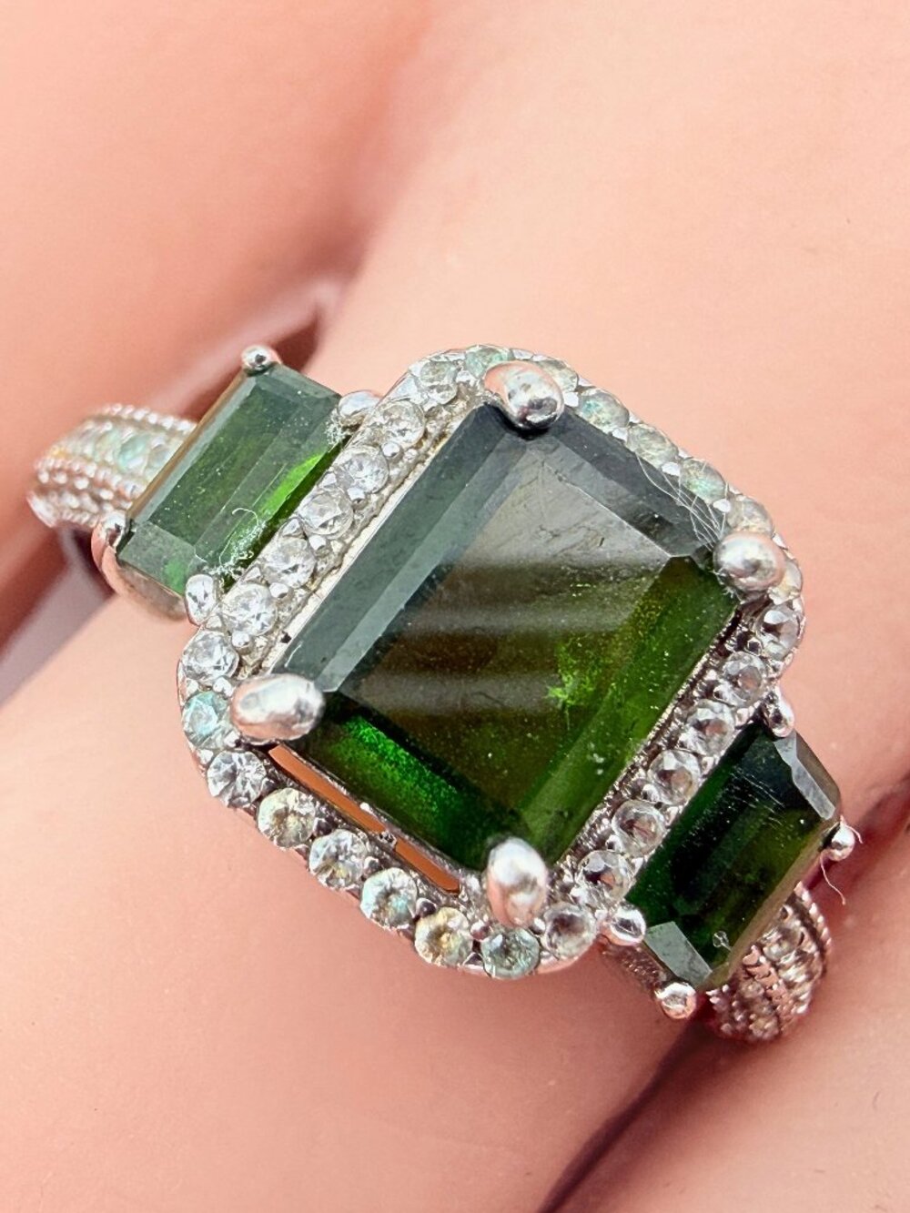 Art Deco Revival Sterling Silver 3 Emerald Cut Green Tourmaline Halo Ring Sz8.75